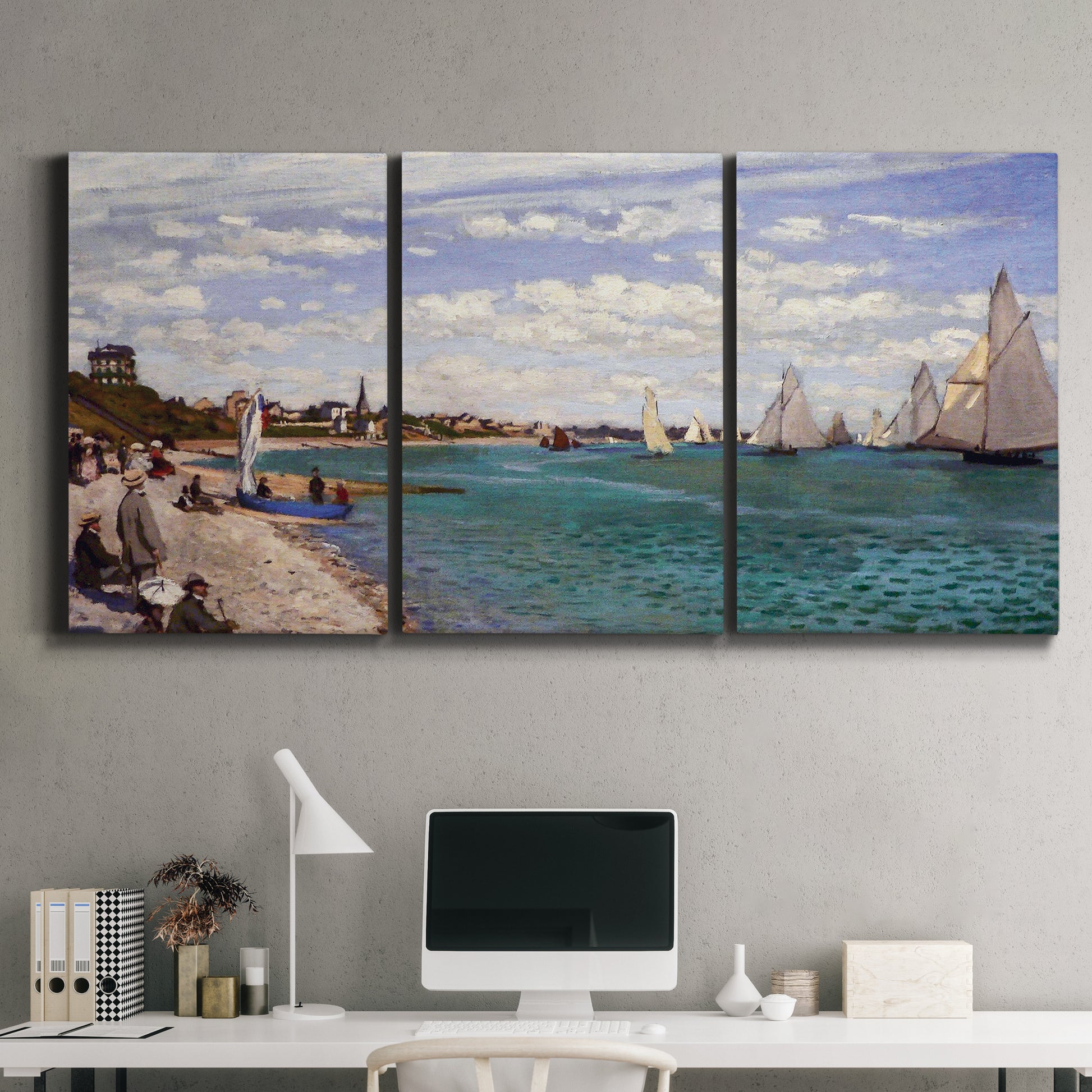 Three-panel canvas wall art featuring river basin with boats, displayed above a desk in a home office.