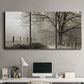 Three-panel canvas wall art featuring fenced rural path through countryside, displayed above a desk in a home office.