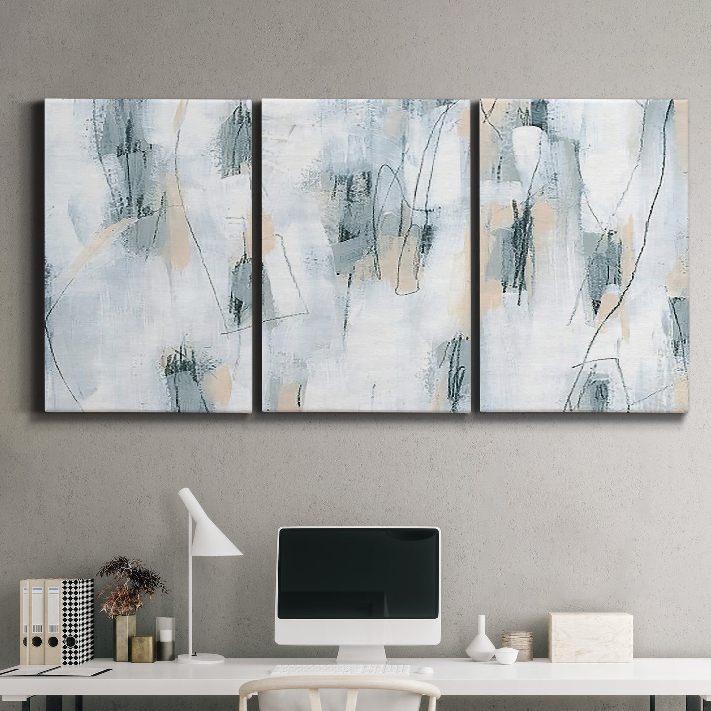Three-panel canvas wall art featuring industrial textured abstract hatch patterns, displayed above a desk in a home office.