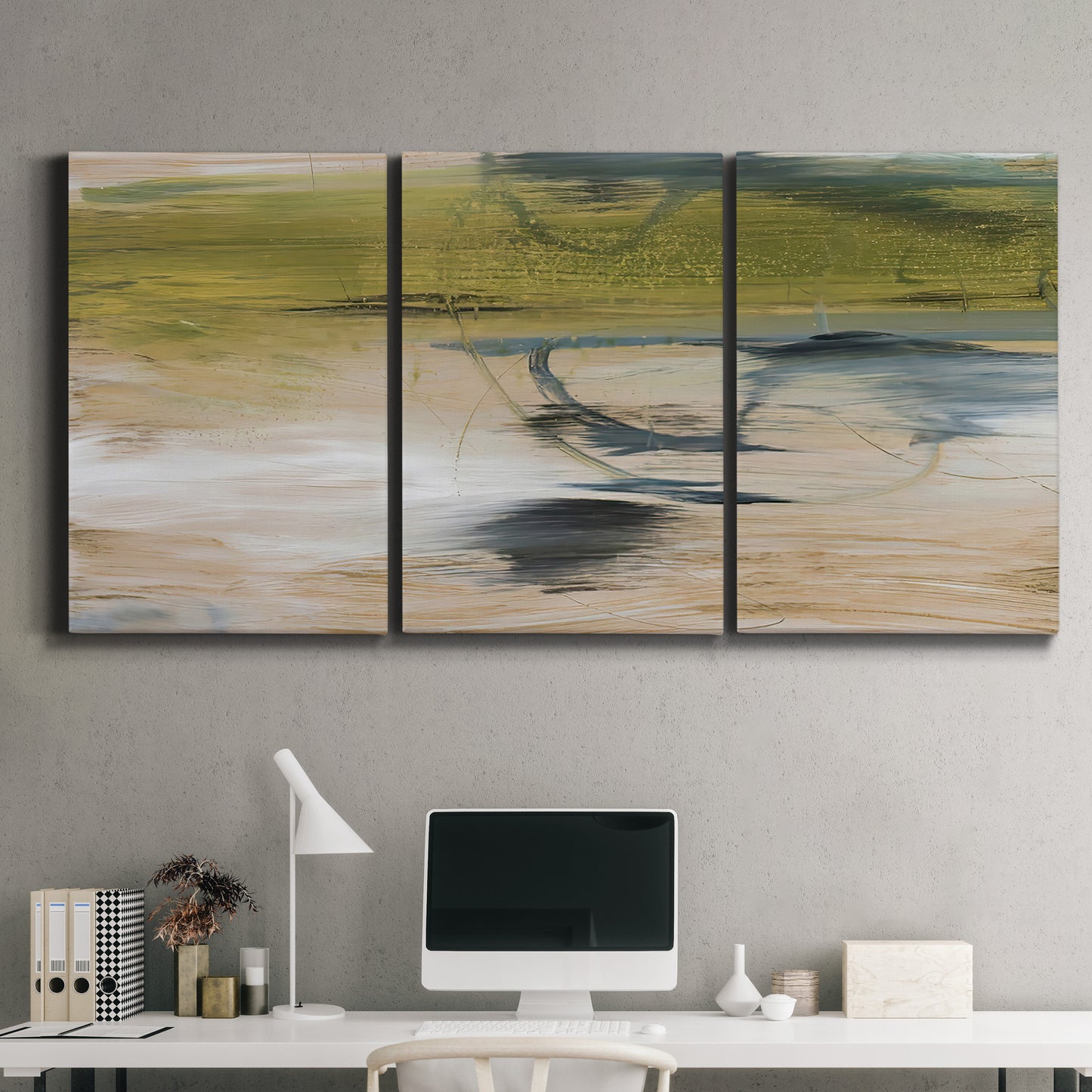 Three-panel canvas wall art featuring minimal abstract water reflections, displayed above a desk in a home office.