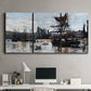 Three-panel canvas wall art featuring harbor scene with boats and quays, displayed above a desk in a home office.