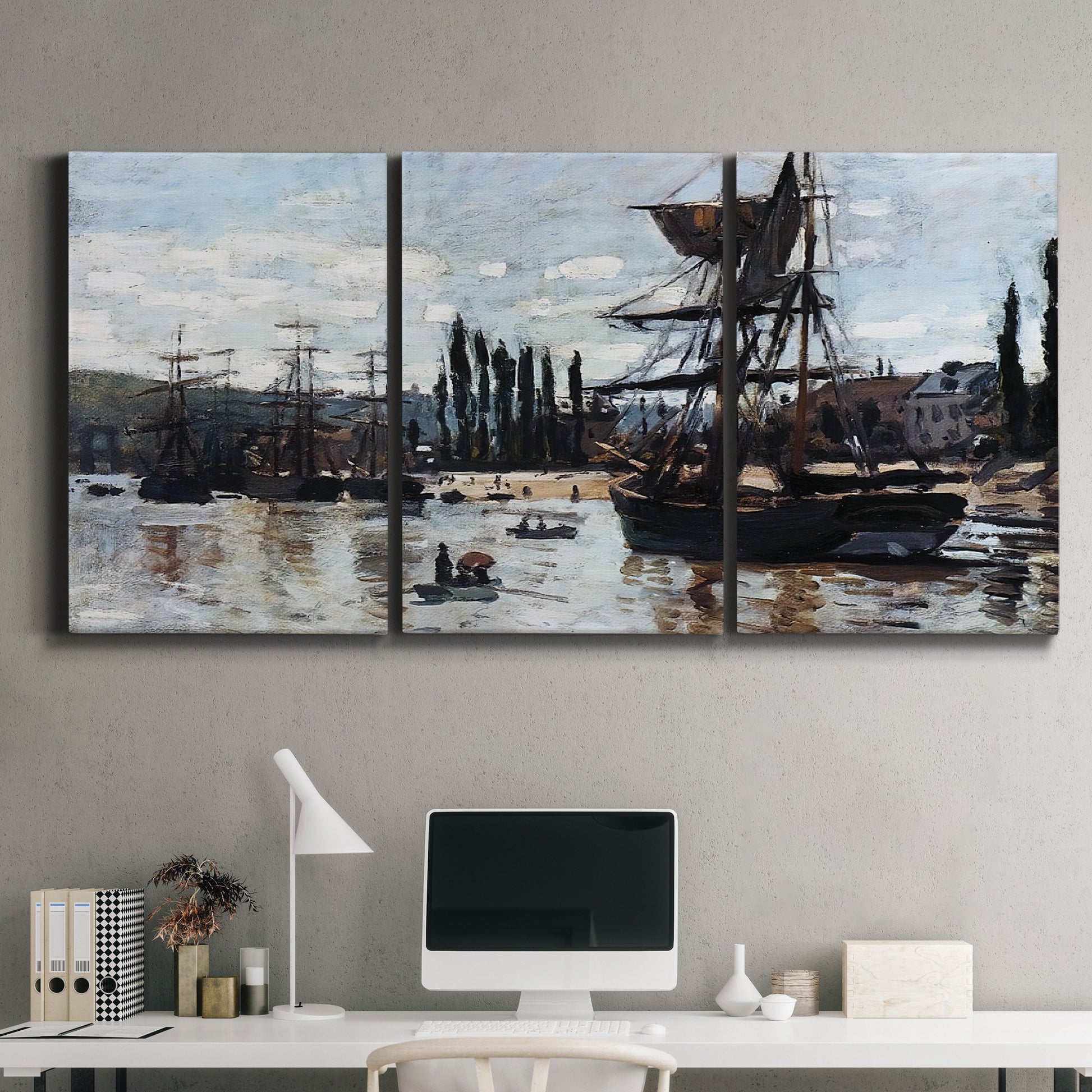 Three-panel canvas wall art featuring harbor scene with boats and quays, displayed above a desk in a home office.