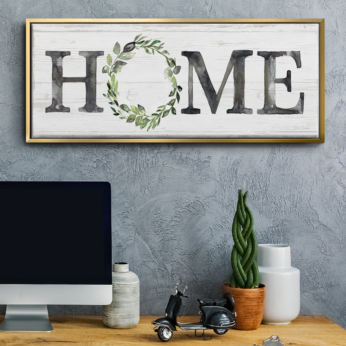 Gray Home Wreath - Floater Framed Canvas Print