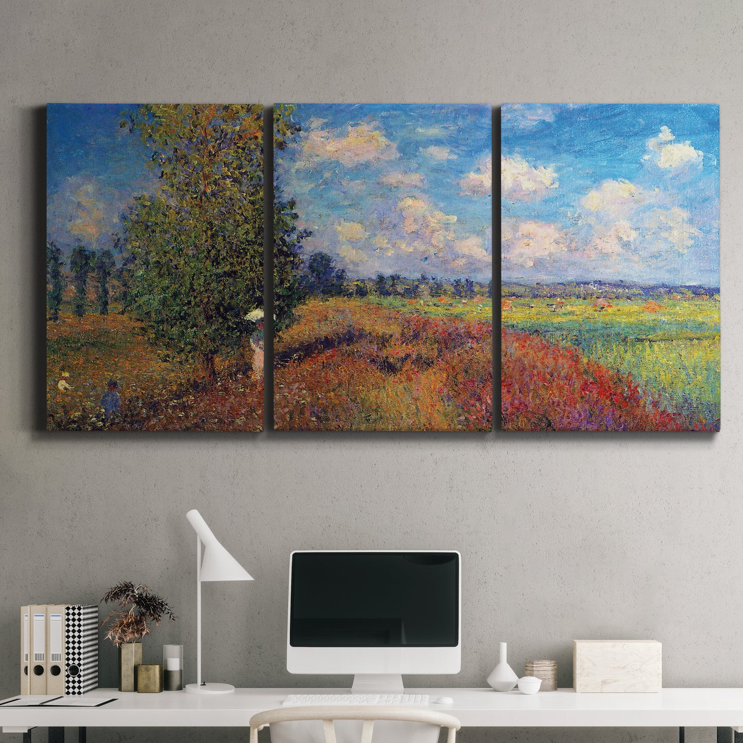Three-panel canvas wall art featuring summer poppy field in bloom, displayed above a desk in a home office.