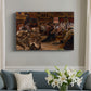 Canvas art print depicting a crowded hall with a woman kneeling in distress in a bright living room with natural decor.