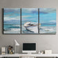 Three-panel canvas wall art featuring classic coastal harbor with boats, displayed above a desk in a home office.