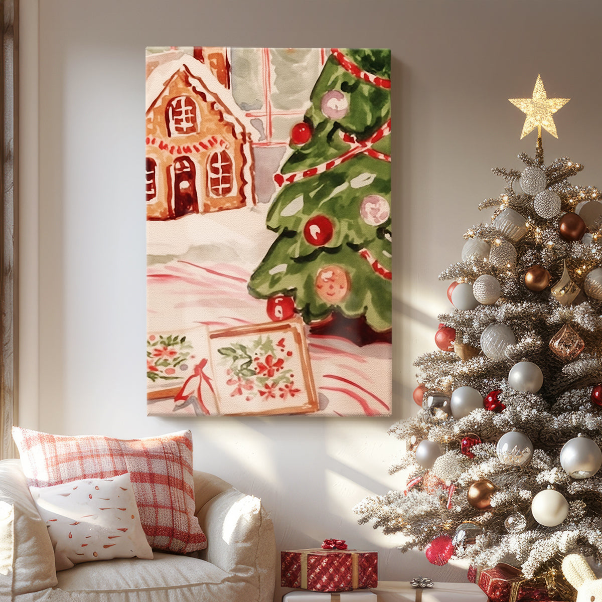 Manger of Tinsel-Gold Wreath - Canvas Art Print