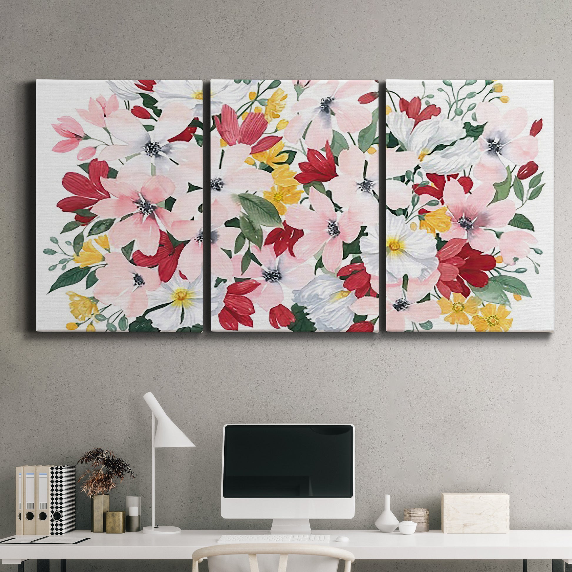 Three-panel canvas wall art featuring joyful spring floral composition, displayed above a desk in a home office.