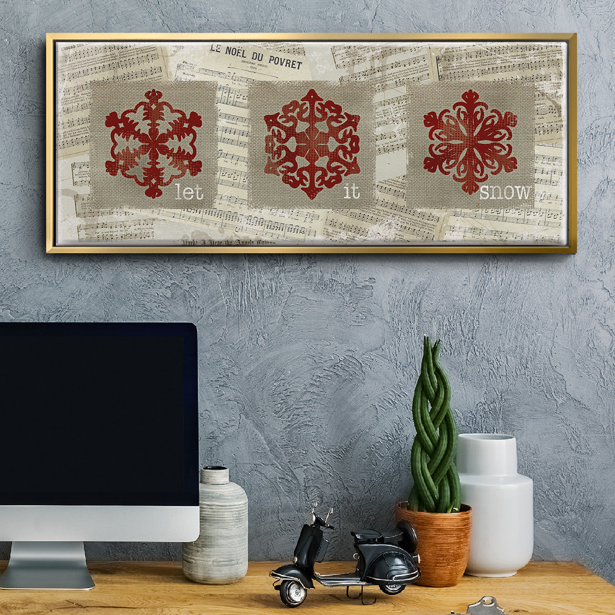 Burlap Music Snowflakes - Floater Framed Canvas Print