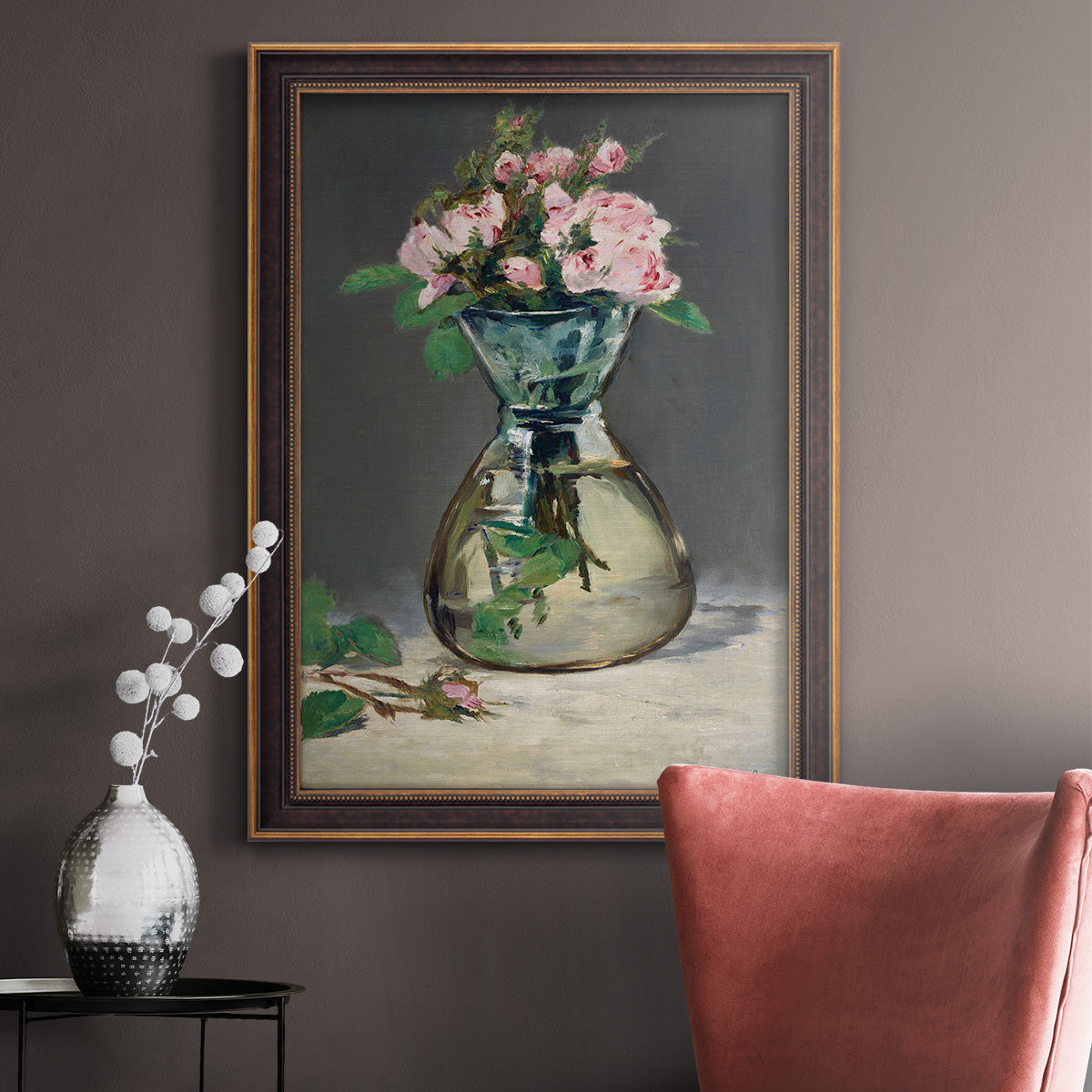 Moss Roses in a Vase - Ornate Framed Canvas Print