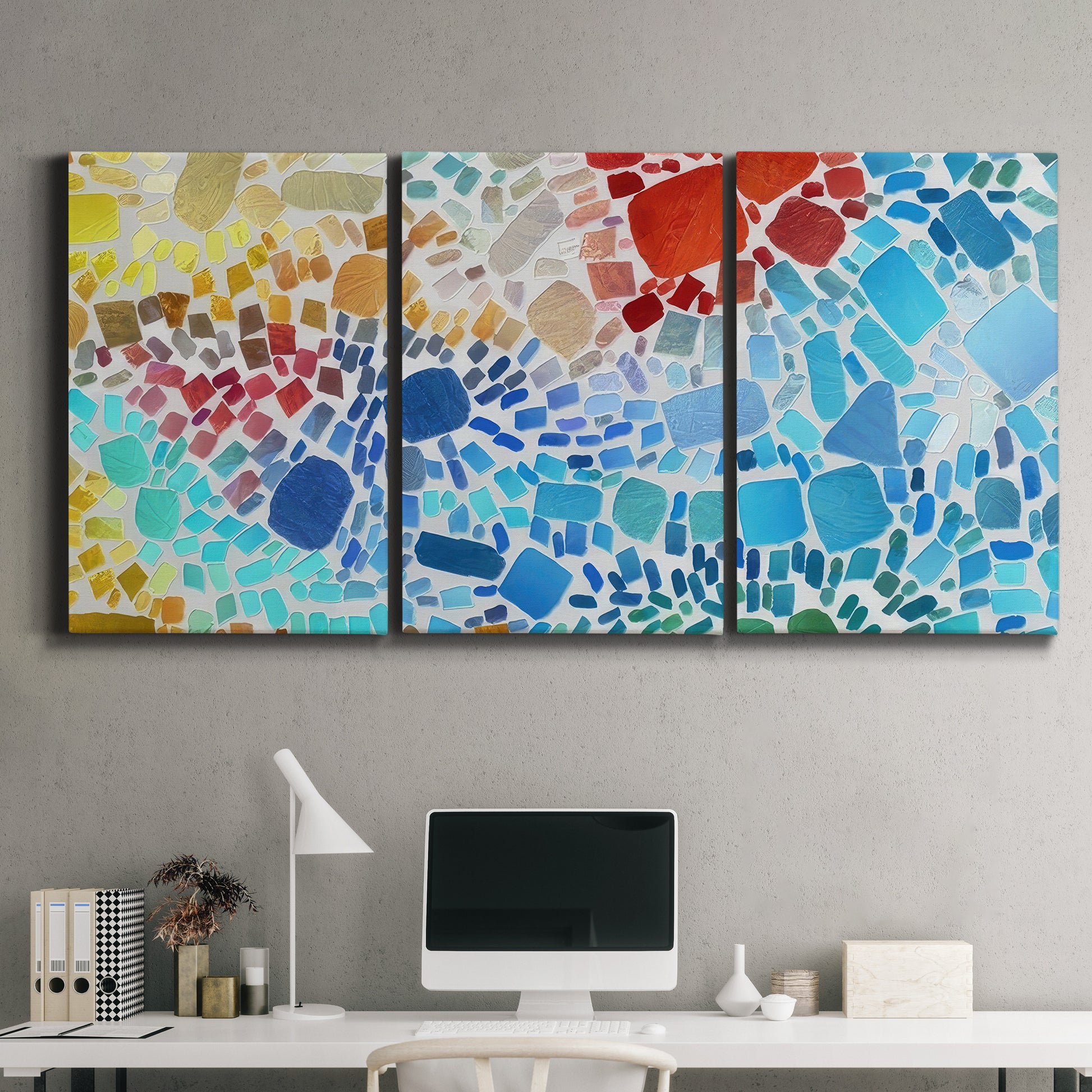 Three-panel canvas wall art featuring open landscape with landing strip, displayed above a desk in a home office.