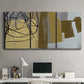 Three-panel canvas wall art featuring industrial abstract digital glitch pattern, displayed above a desk in a home office.