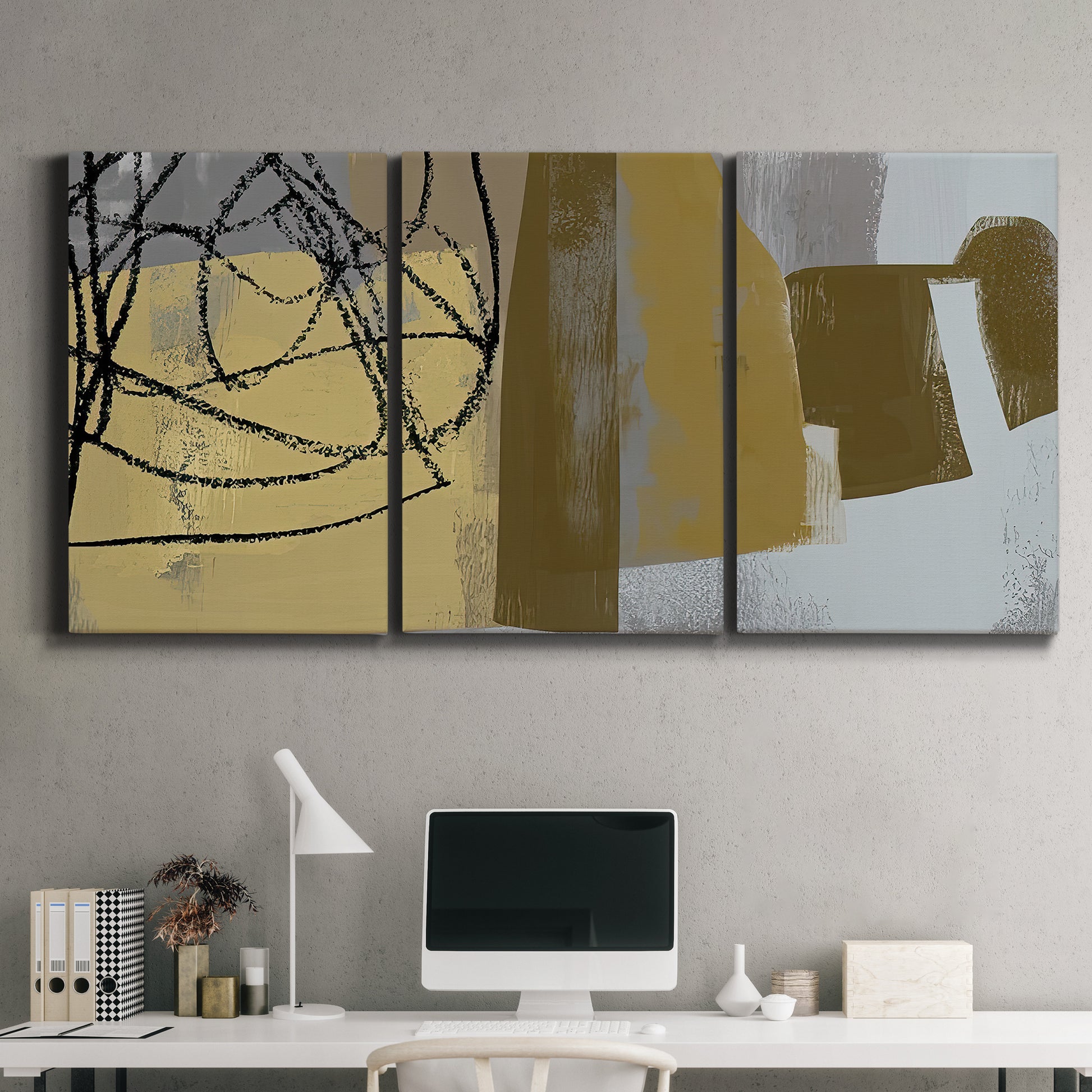 Three-panel canvas wall art featuring industrial abstract digital glitch pattern, displayed above a desk in a home office.