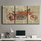 Three-panel canvas wall art featuring vintage red vehicle collage detail, displayed above a desk in a home office.