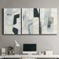 Three-panel canvas wall art featuring interwoven icy abstract linear forms, displayed above a desk in a home office.