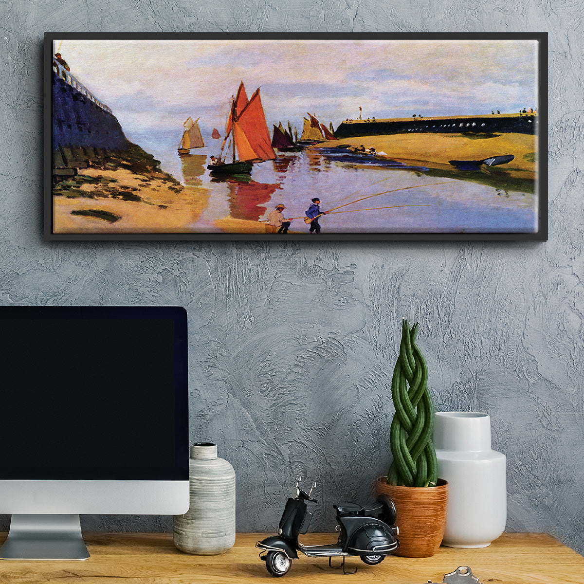 Breakwater at Trouville, Low Tide, 1870 - Floater Framed Canvas Print