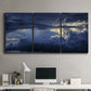 Three-panel canvas wall art featuring hot air balloons rising at dawn, displayed above a desk in a home office.