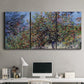 Three-panel canvas wall art featuring orchard of trees in spring bloom, displayed above a desk in a home office.