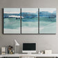 Three-panel canvas wall art featuring minimalist ultramarine abstract vista, displayed above a desk in a home office.