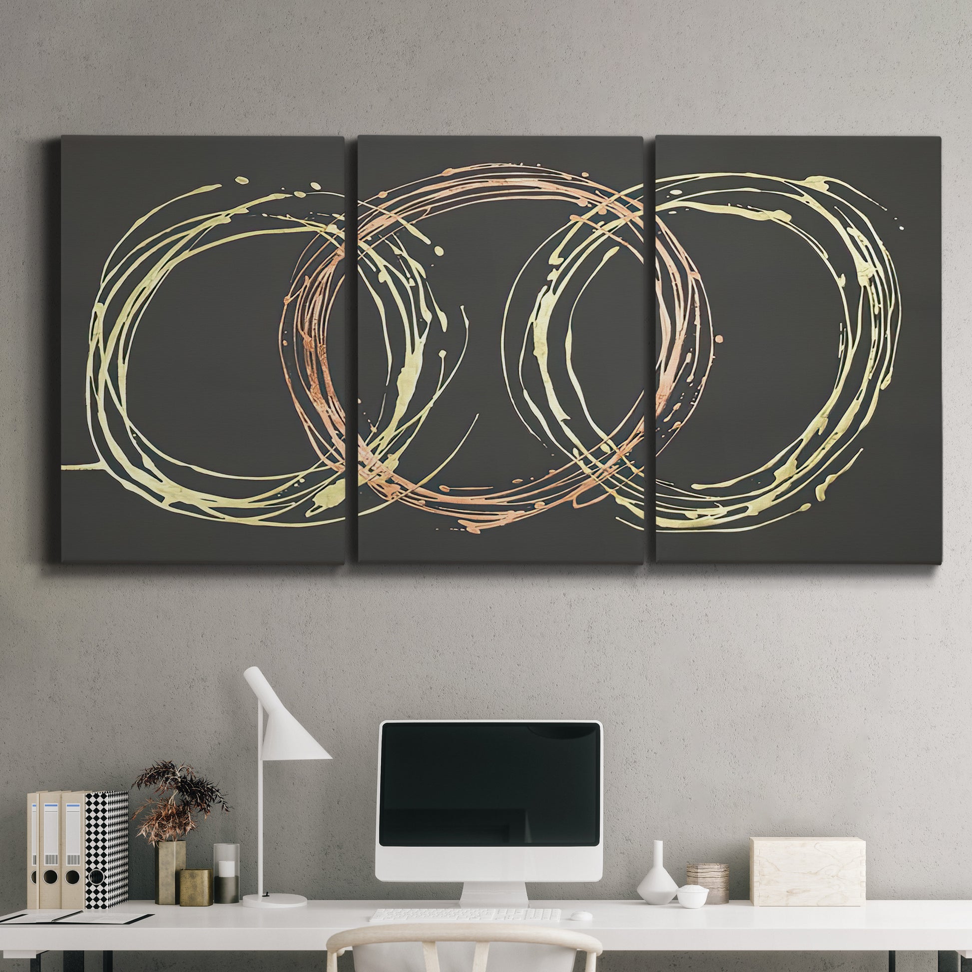 Three-panel canvas wall art featuring geometric abstract wave tangents, displayed above a desk in a home office.