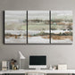 Three-panel canvas wall art featuring layered turquoise and earth tones abstract, displayed above a desk in a home office.