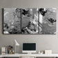 Three-panel canvas wall art featuring abstract marble texture composition, displayed above a desk in a home office.