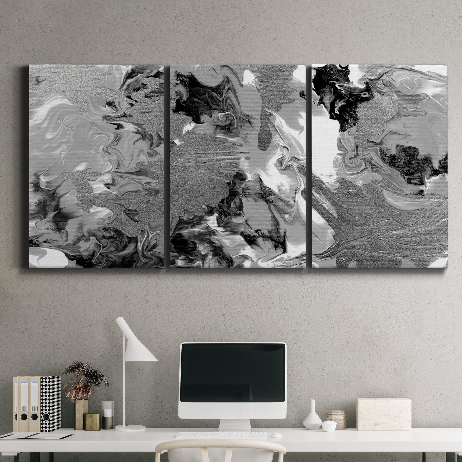 Three-panel canvas wall art featuring abstract marble texture composition, displayed above a desk in a home office.