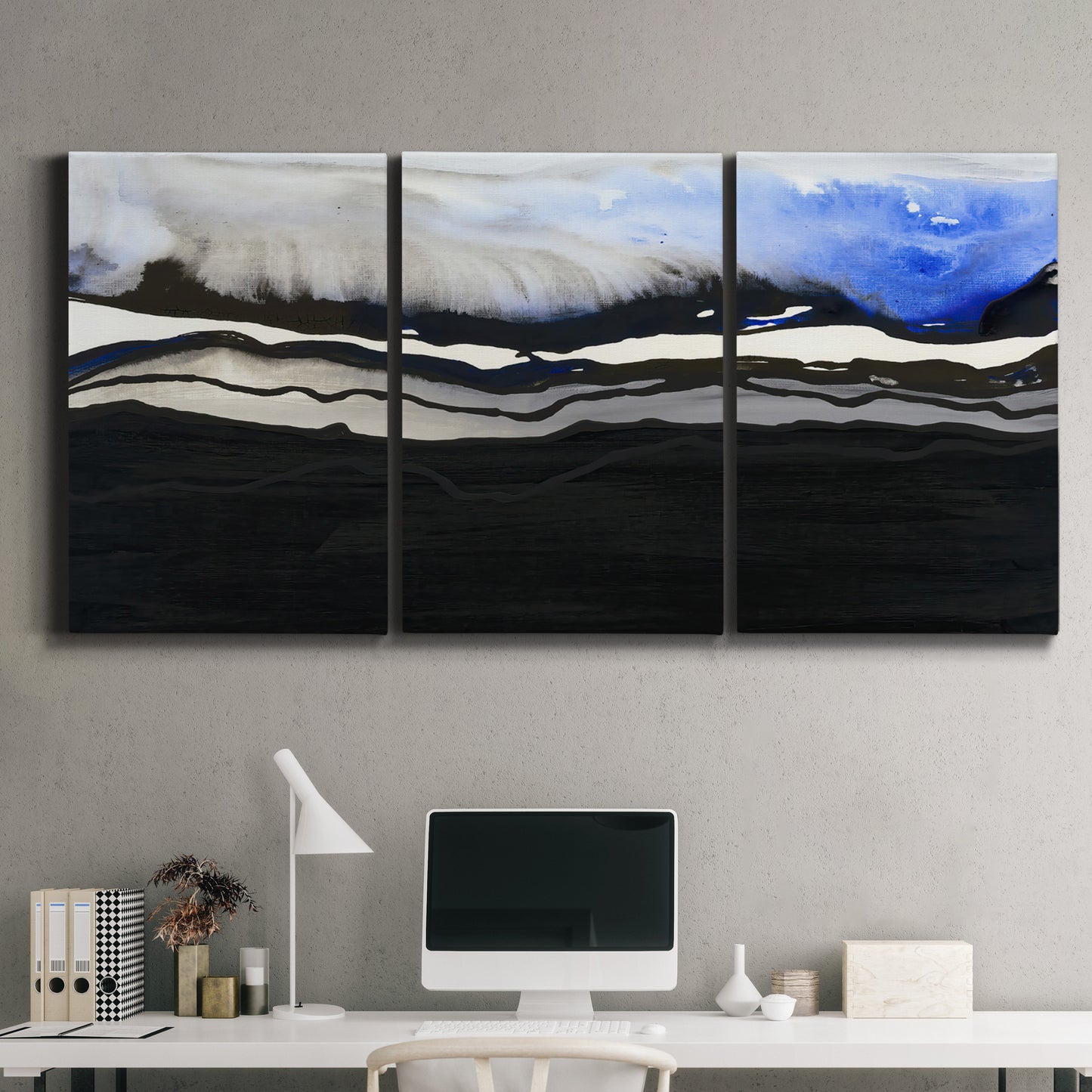 Three-panel canvas wall art featuring abstract passage of time composition, displayed above a desk in a home office.