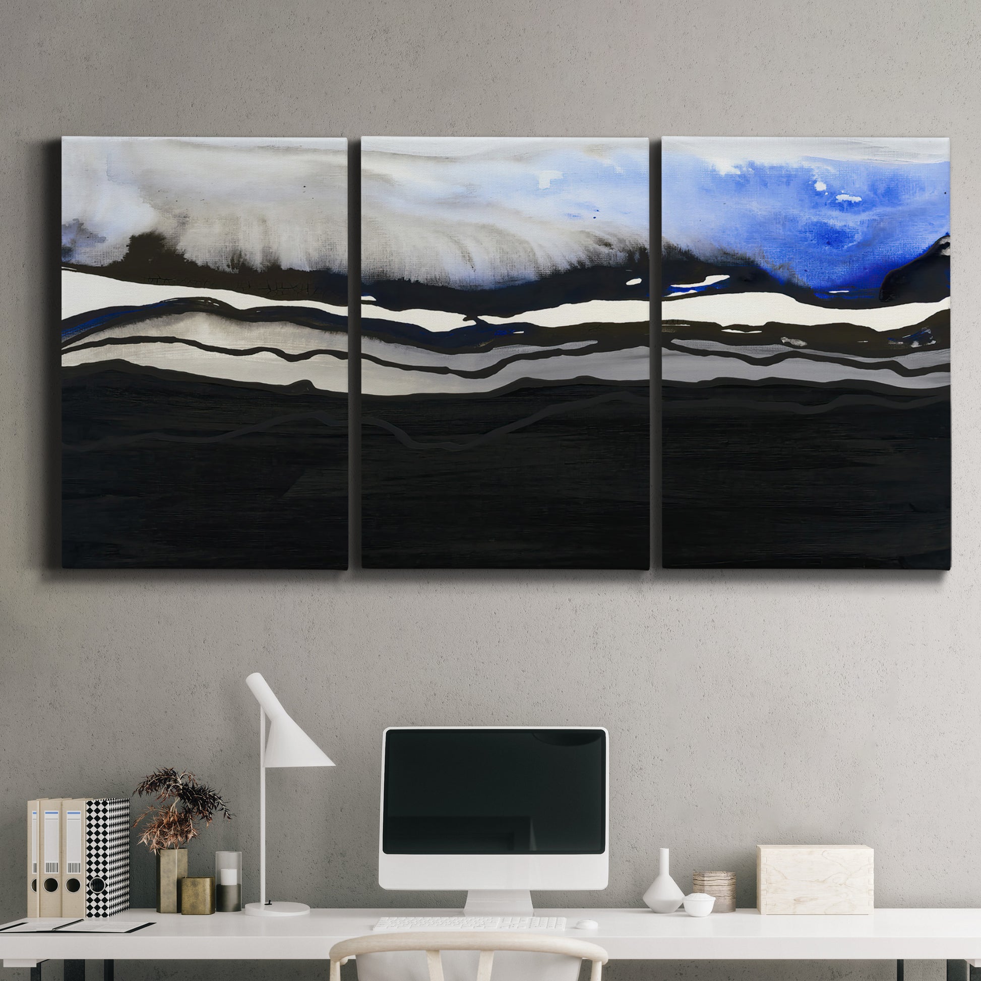 Three-panel canvas wall art featuring abstract passage of time composition, displayed above a desk in a home office.