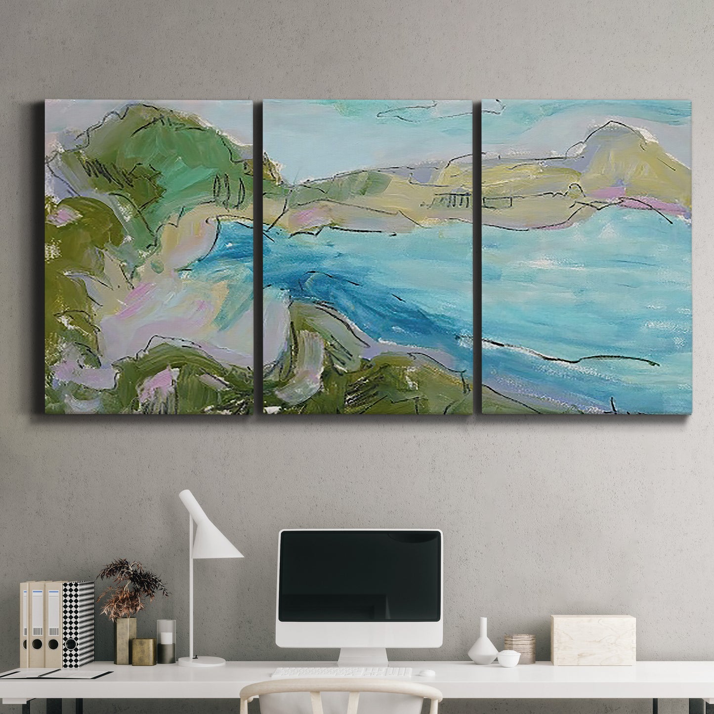 Three-panel canvas wall art featuring open landscape with landing strip, displayed above a desk in a home office.