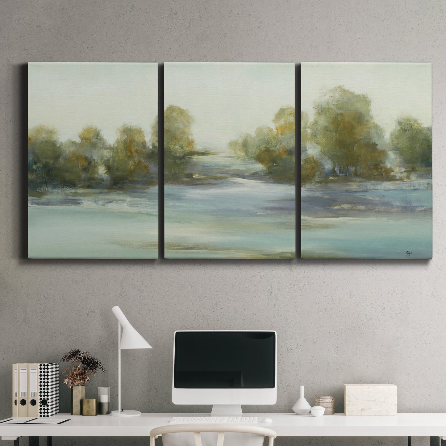 Three-panel canvas wall art featuring calming scenic landscape view, displayed above a desk in a home office.
