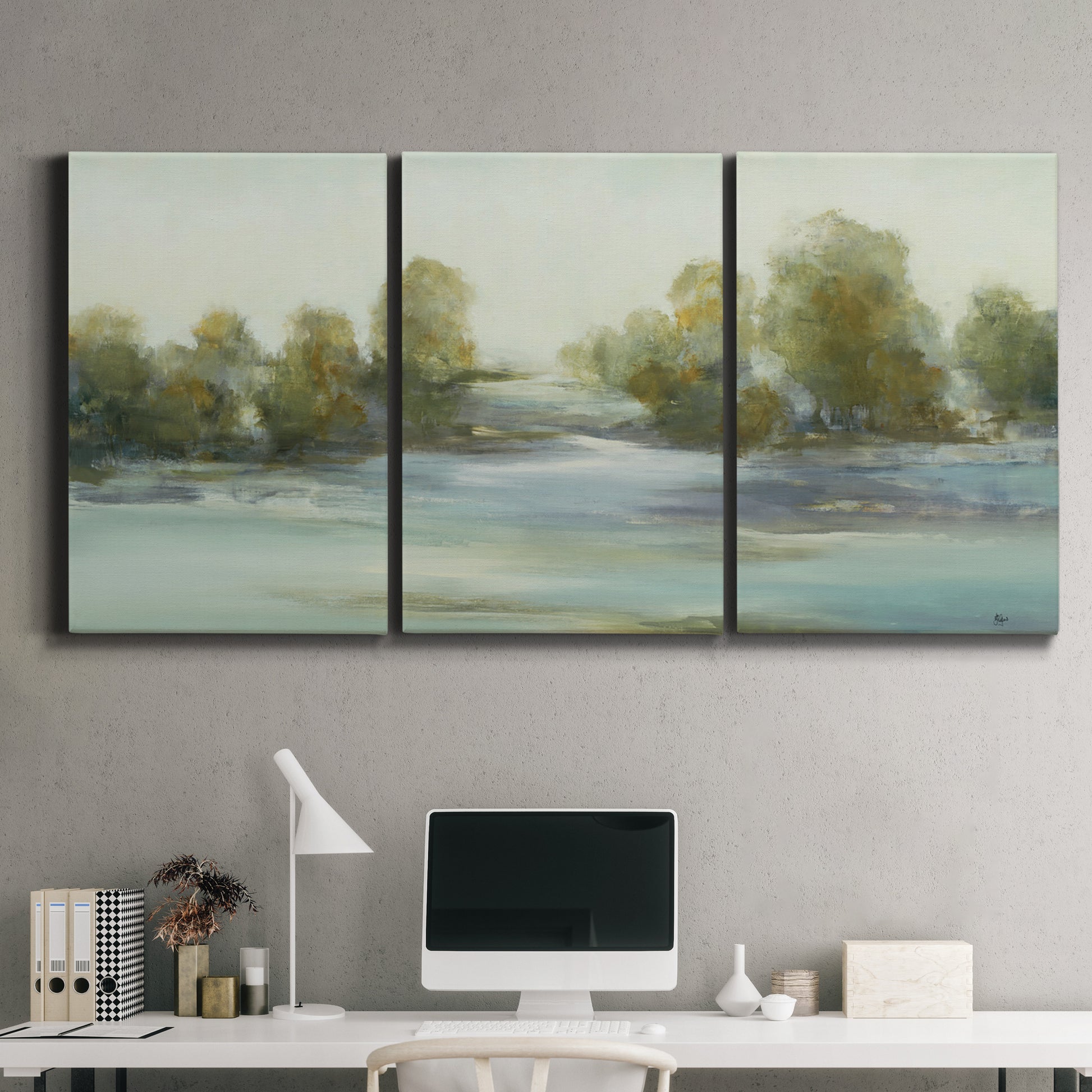 Three-panel canvas wall art featuring calming scenic landscape view, displayed above a desk in a home office.