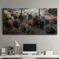 Three-panel canvas wall art featuring stormy canyon landscape with animals, displayed above a desk in a home office.