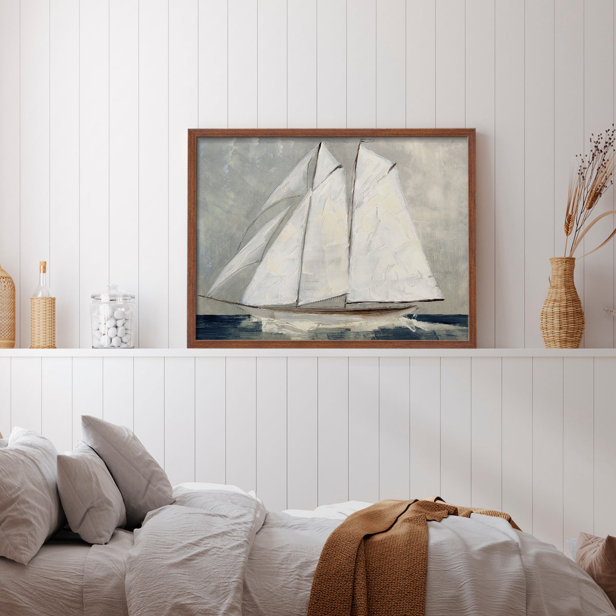 44722,sailing,boat,white sails,ocean,water,clouds,maritime,calm,serene,nautical,art,artwork,oil painting,tranquility,landscape,marine,vessel,coastline,blue,sky,brushstrokes,horizon,summer,artistry,wind,movement,waves,detail,craftsmanship,creative,coastal,peaceful,nature,soft colors,impressionistic,composition,classic,woodblock,harmony,freedom,scenery,Re-stickable,Nautical & Beach