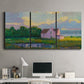 Three-panel canvas wall art featuring farmhouse near coastline landscape, displayed above a desk in a home office.
