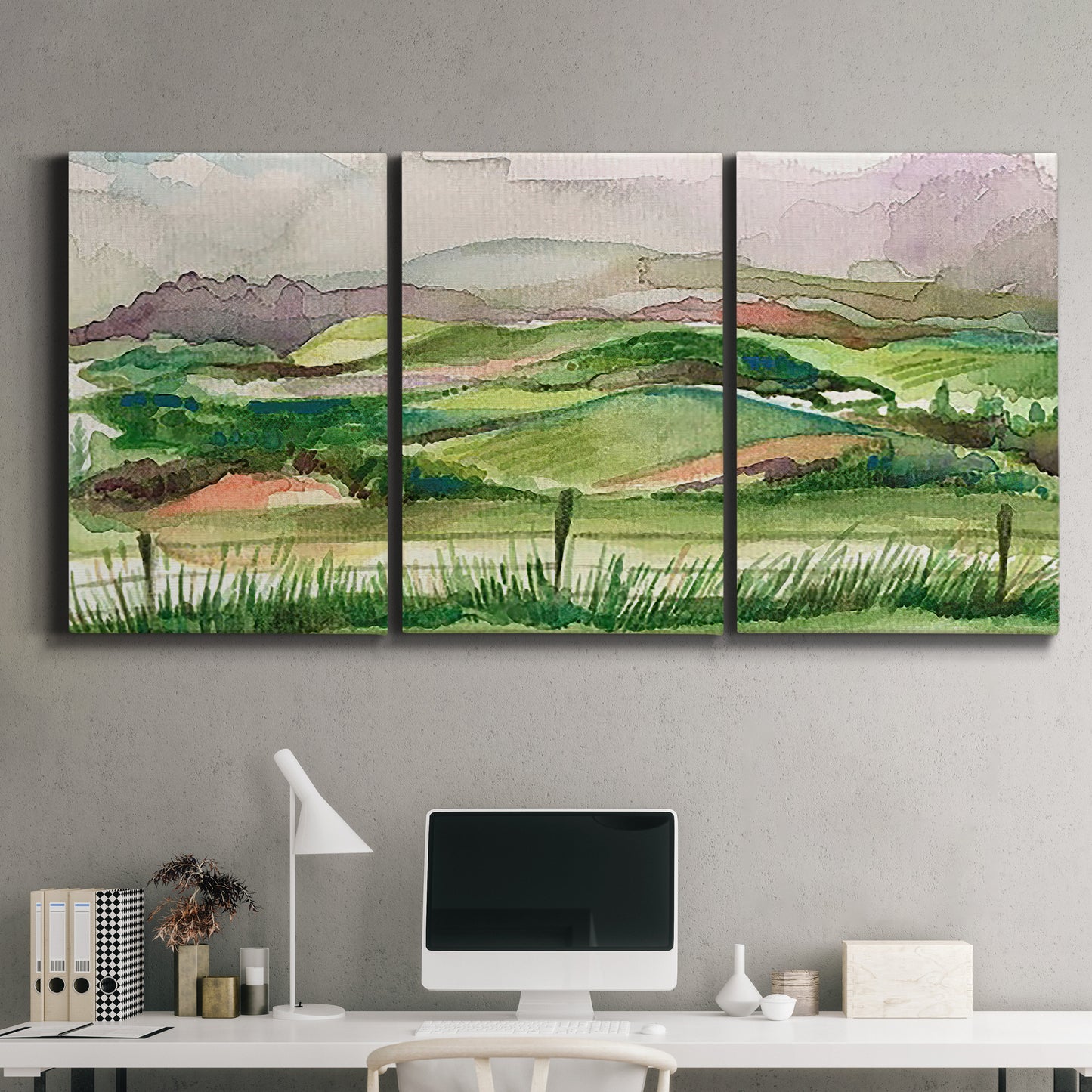 Three-panel canvas wall art featuring rainy landscape with soft atmosphere, displayed above a desk in a home office.