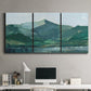 Three-panel canvas wall art featuring muted mountain range in grey tones, displayed above a desk in a home office.