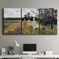 Three-panel canvas wall art featuring figures walking along riverbank, displayed above a desk in a home office.