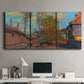 Three-panel canvas wall art featuring wooded stream landscape, displayed above a desk in a home office.