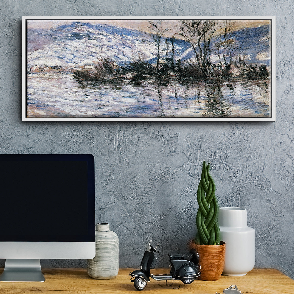 The Seine at Port Villez, Snow Effect, 1885 - Floater Framed Canvas Print
