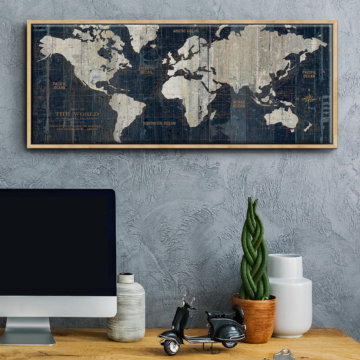 Old World Map Blue - Floater Framed Canvas Print