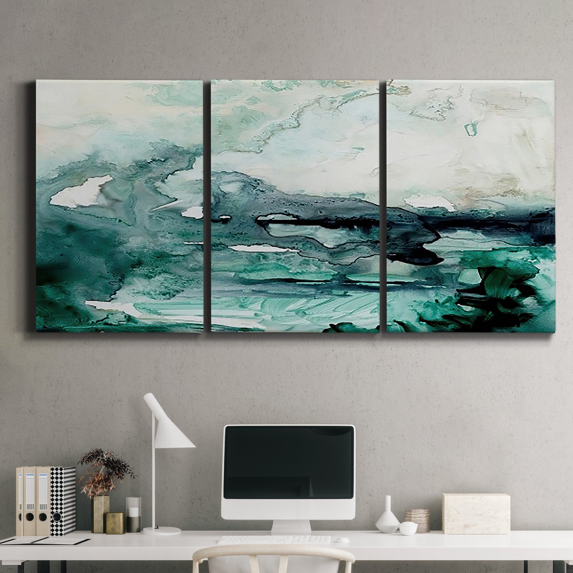 Three-panel canvas wall art featuring coastal abstract sea foam movement, displayed above a desk in a home office.