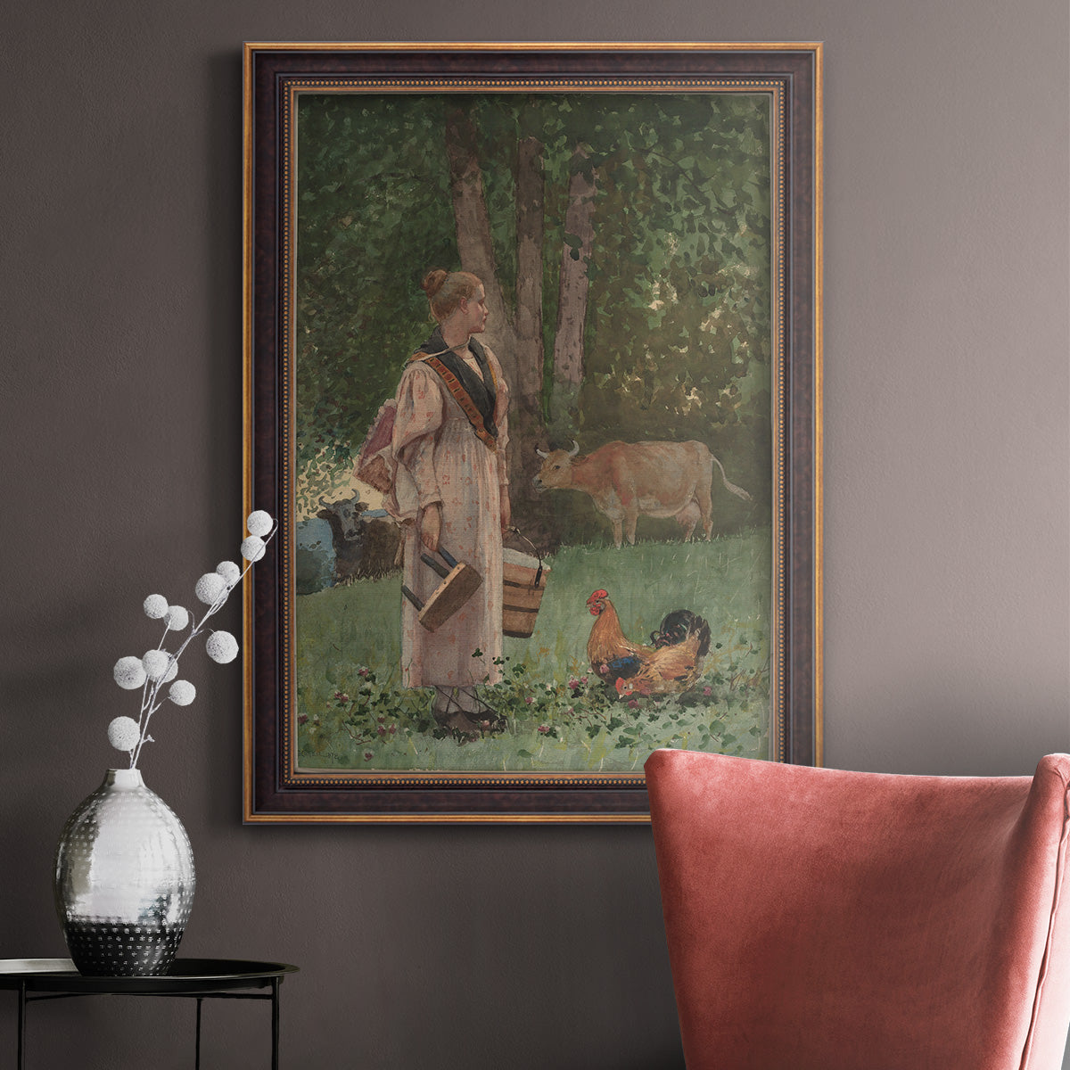 Realist genre scene of a milkmaid by Winslow Homer in an ornate bronzed mahogany wood frame displayed in a neutral interior setting.