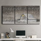 Three-panel canvas wall art featuring rustic winter holiday text art, displayed above a desk in a home office.