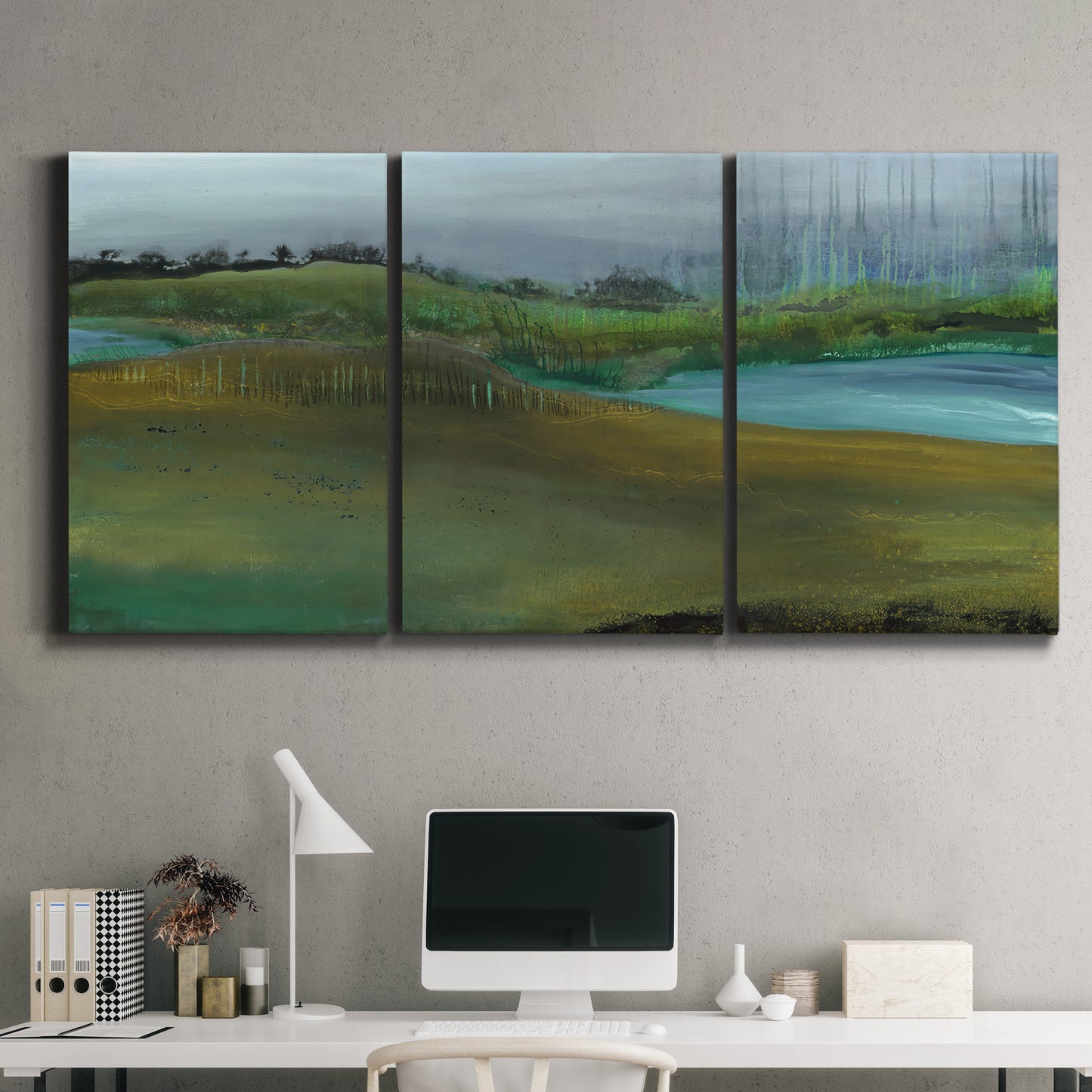 Three-panel canvas wall art featuring quiet contemplative landscape scene, displayed above a desk in a home office.