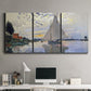 Three-panel canvas wall art featuring riverside village shoreline, displayed above a desk in a home office.