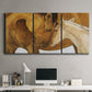 Three-panel canvas wall art featuring gentle horse portrait illustration, displayed above a desk in a home office.
