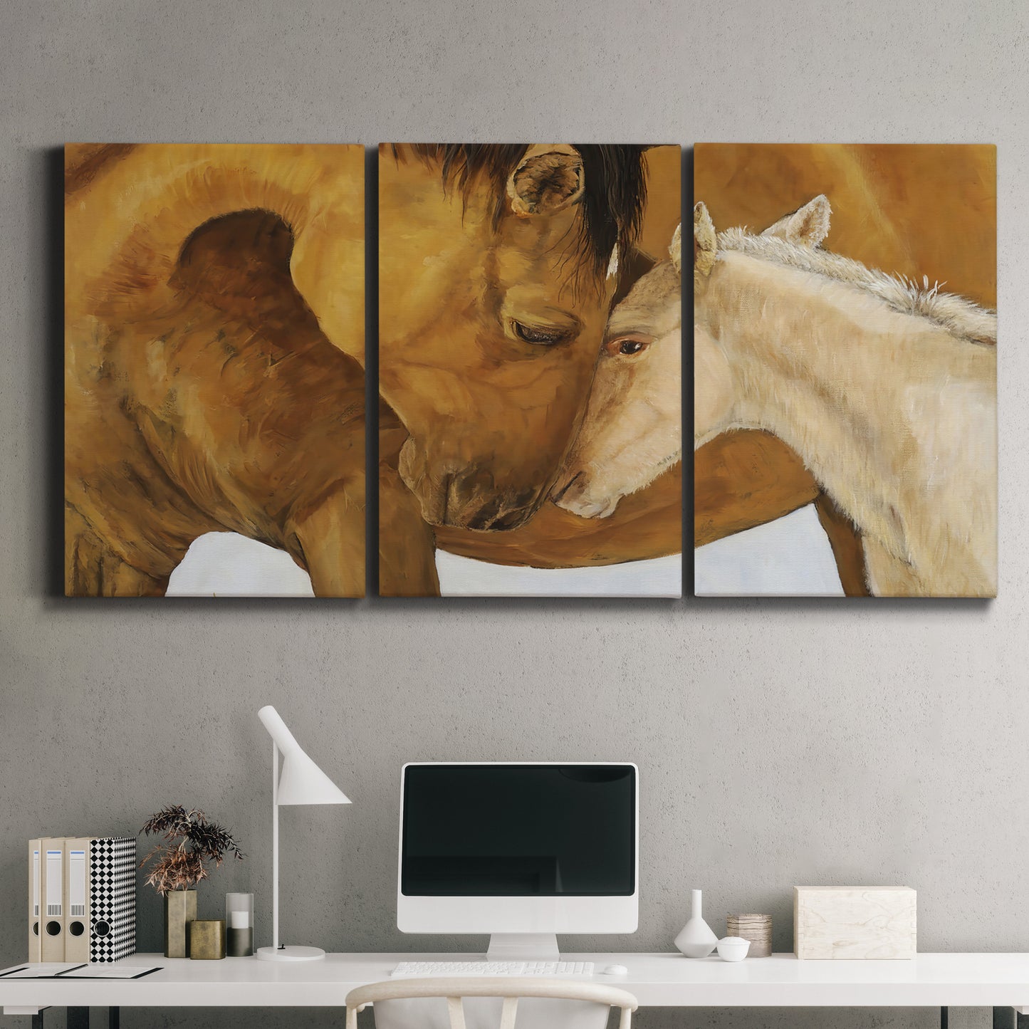 Three-panel canvas wall art featuring gentle horse portrait illustration, displayed above a desk in a home office.