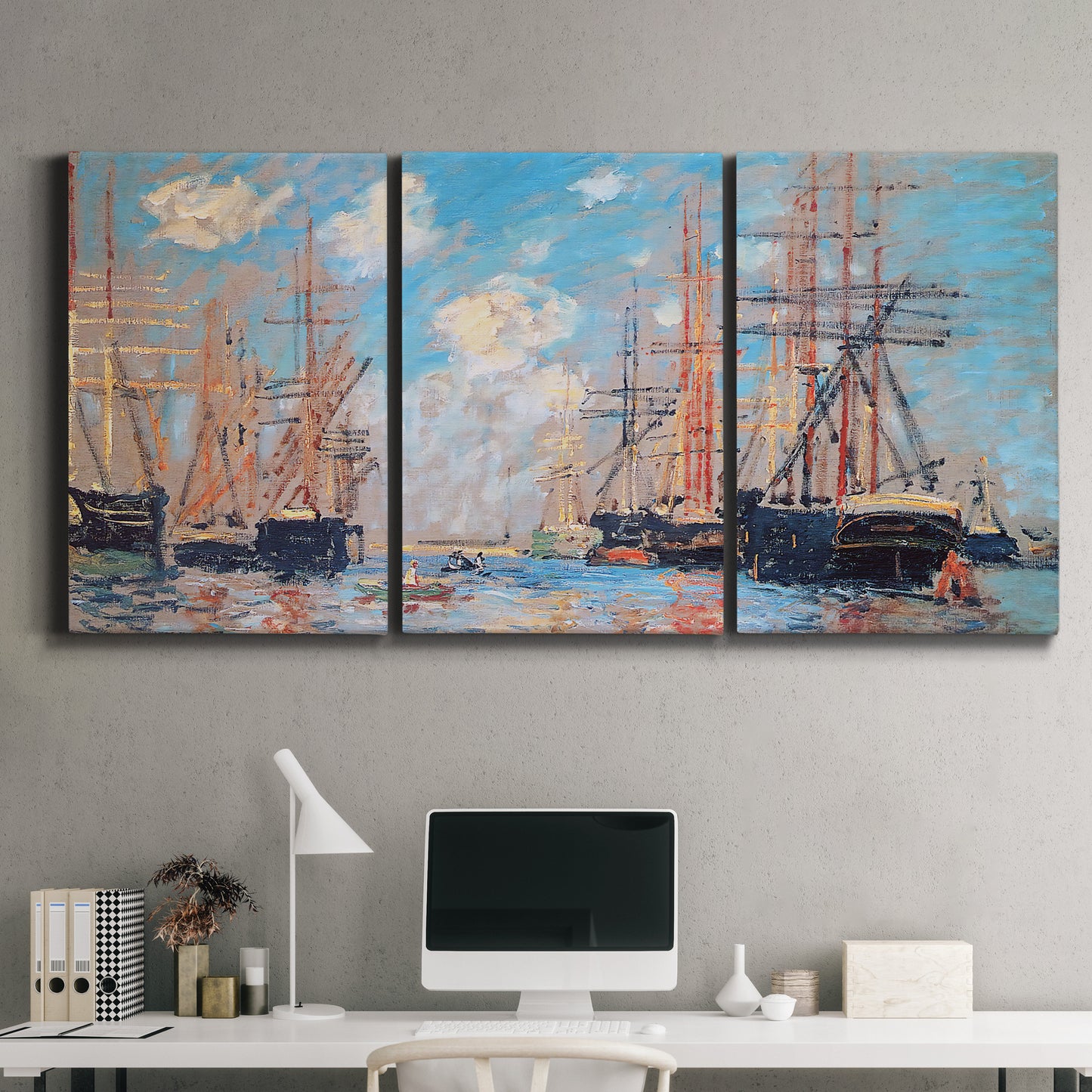Three-panel canvas wall art featuring harbor with boats and water, displayed above a desk in a home office.