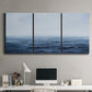 Three-panel canvas wall art featuring grayscale seascape with horizon, displayed above a desk in a home office.